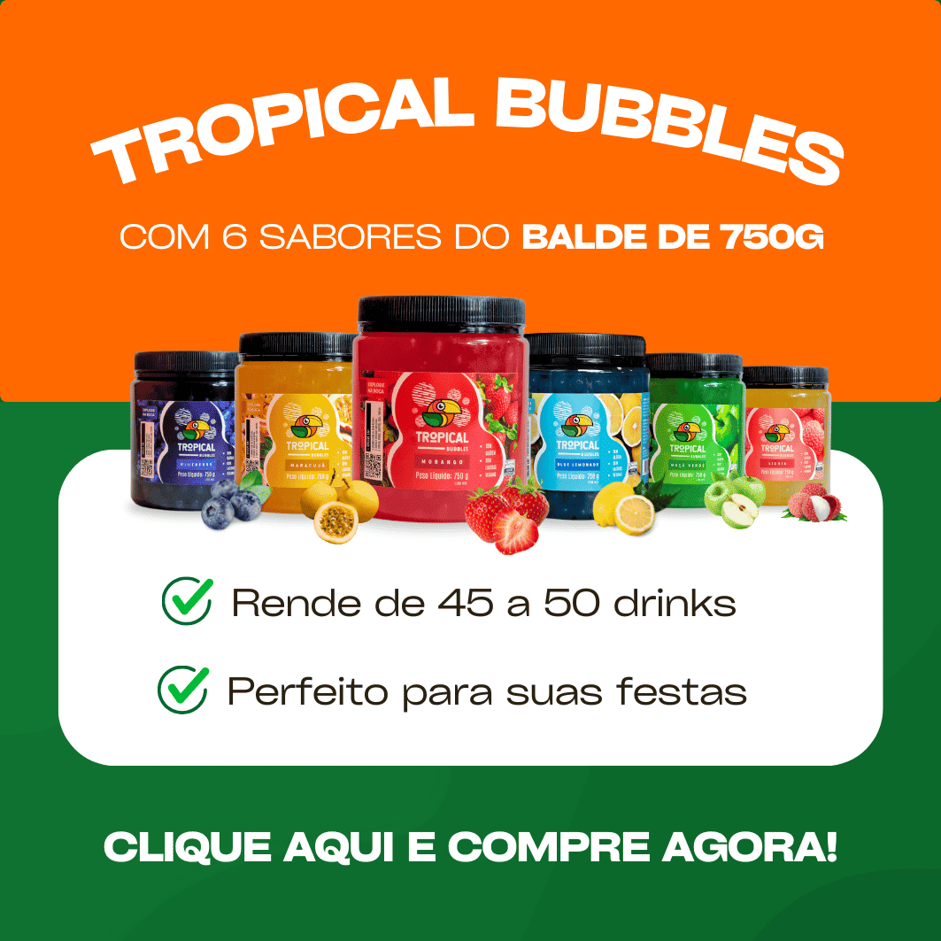 BALDE TROPICAL BUBBLES 750G COM 6 SABORES - MORANGO, MARACUJÁ, MAÇÃ VERDE, BLUEBERRY, LICHIA E BLUE LEMONADE