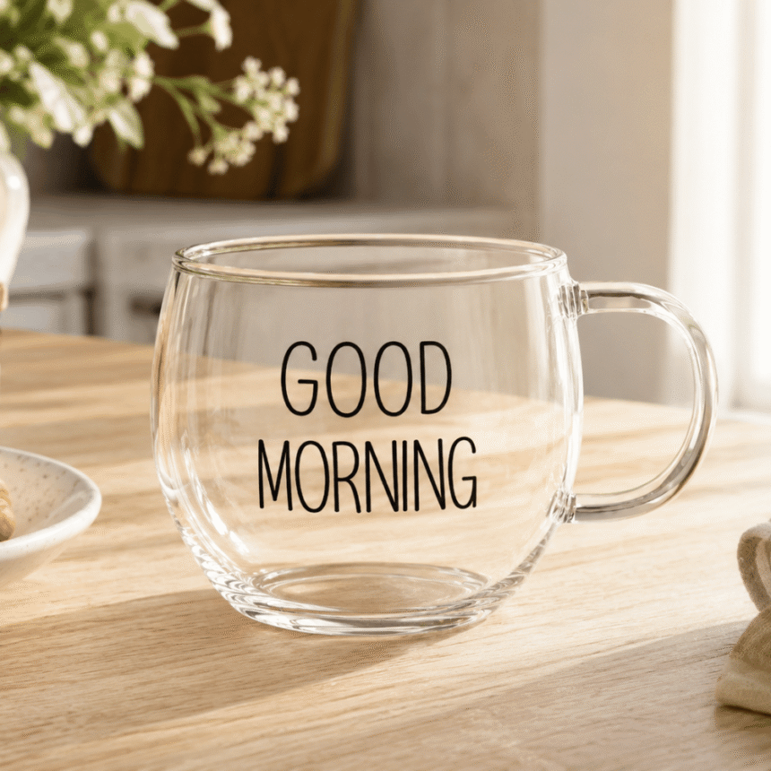 Xícara de vidro Good Morning oferecida como brinde