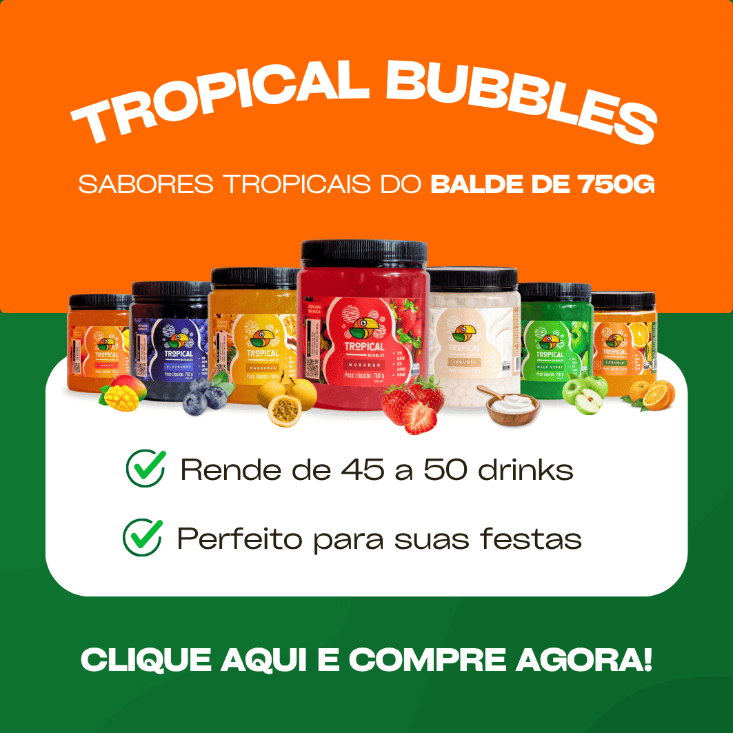 BALDE TROPICAL BUBBLES 750G COM 6 SABORES - MORANGO, MARACUJÁ, MAÇÃ VERDE, BLUEBERRY, LICHIA E BLUE LEMONADE