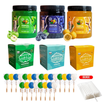 Kit Copa Open Bar | 3 Baldes Bubbles 750g + 3 Caixas Nuvem Brilhante + 24 Pirulitos de Cristal Sabores + Canudos Brinde