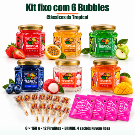 Kit com 6 Bubbles, 12 pirulitos e brinde de 4 sachês Nuvem Rosa