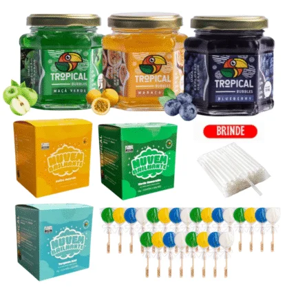 Kit Festa Verde e Amarela | 3 Bubbles + 3 Caixas Nuvem Brilhante + 24 Pirulitos de Cristal Sabores + Pacote 50 Canudos
